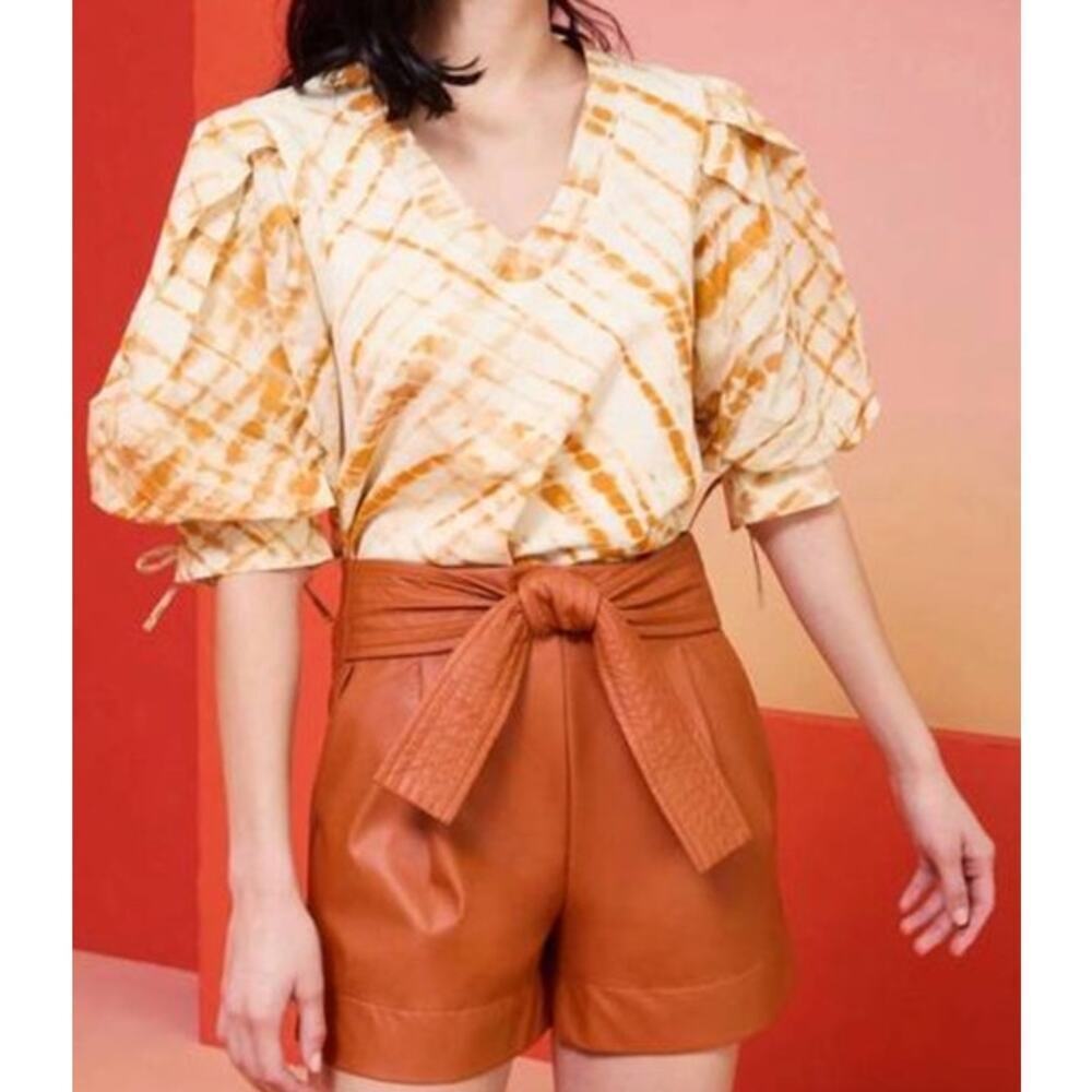 Marie Oliver Viva Popover Top Tie Dy Puff Sleeve V-Neck Pima Cotton Orange M